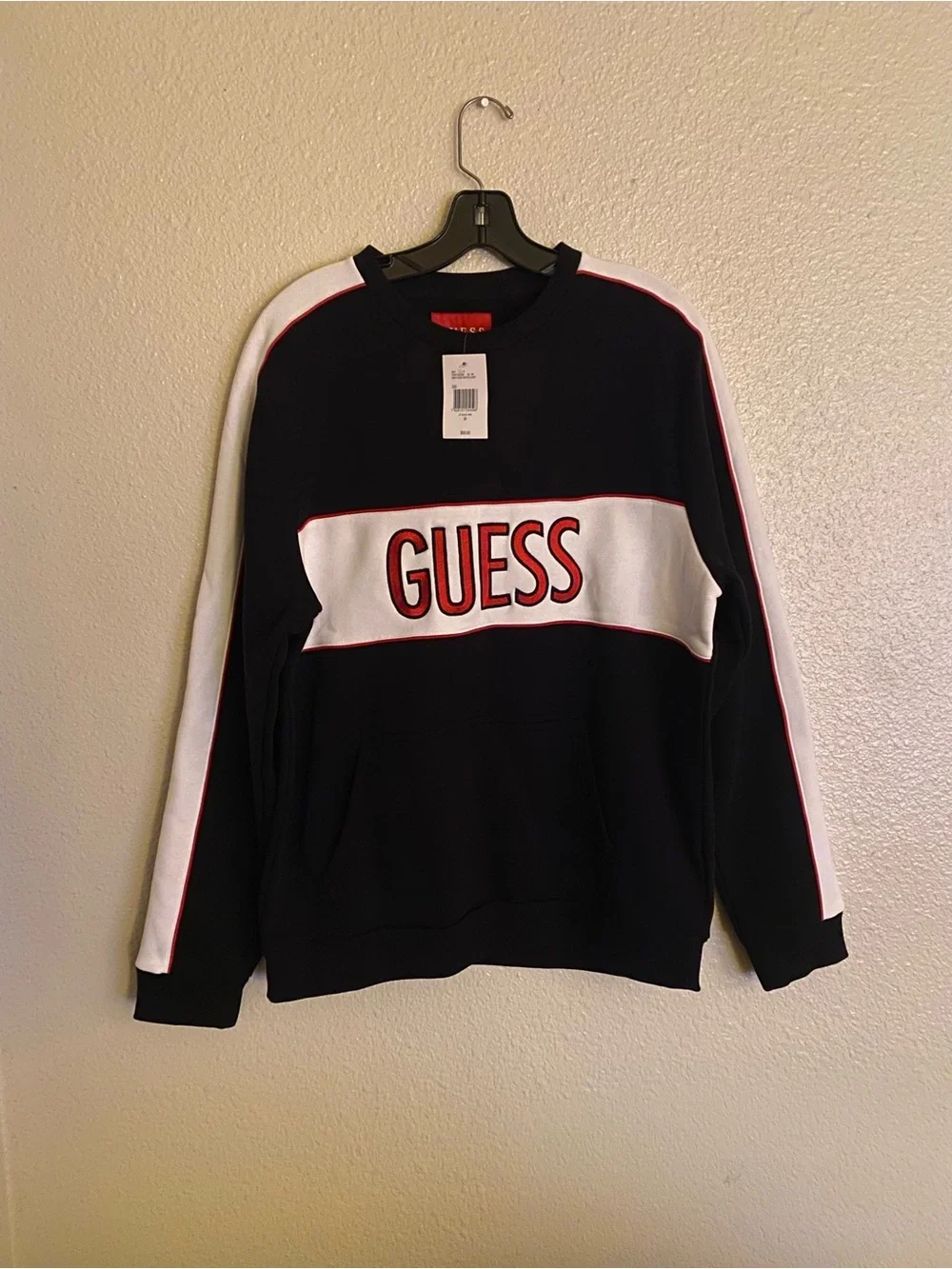 GUESS Black Crewneck Sweatshirt with White Panel and Red Logo